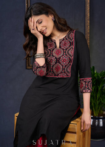 Elegant-Black-Cotton-Straight-Cut-Kurta-With-Beautiful-Embroidered-Ajrakh-Yoke-Pant-Optional