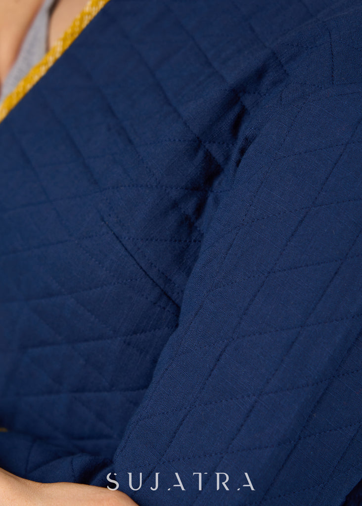 Wear It From Both Sides : Navy Blue Quilted Jacket With Yellow Kantha Lining & Inside Pocket