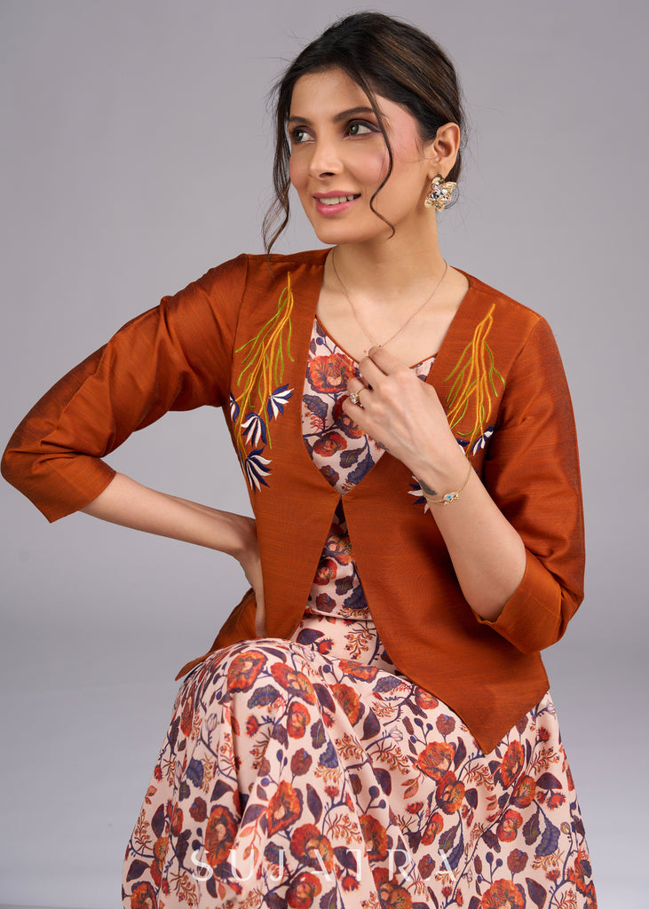 Rustic Radiance Embroidered Orange Cotton Silk Jacket