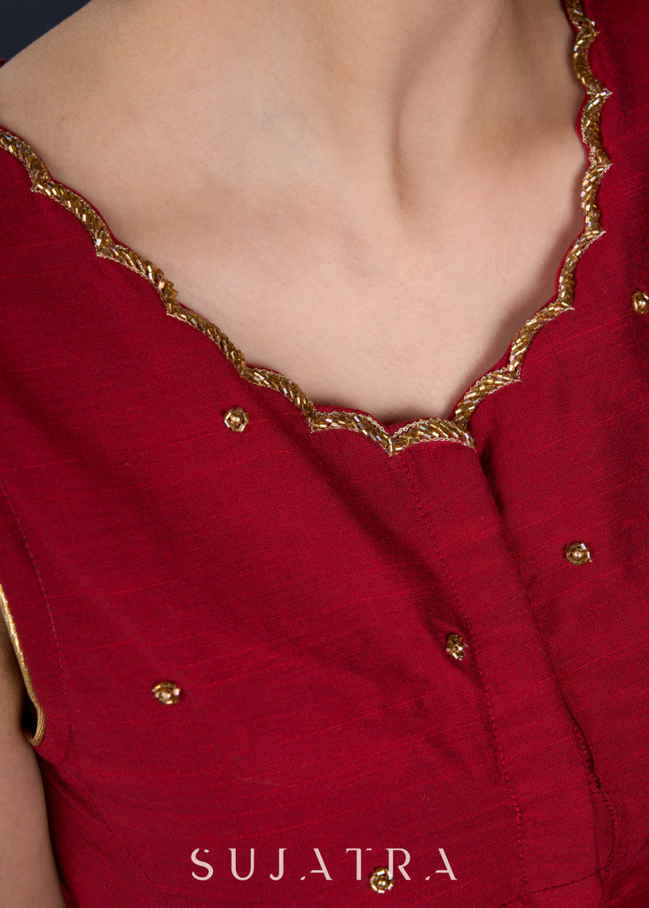 Trendy Maroon Hand Zardosi Work Sleeveless Blouse