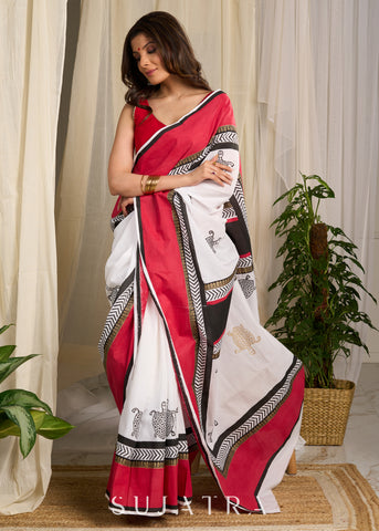 Elegant red & white saree adorned with intricate turtle block prints