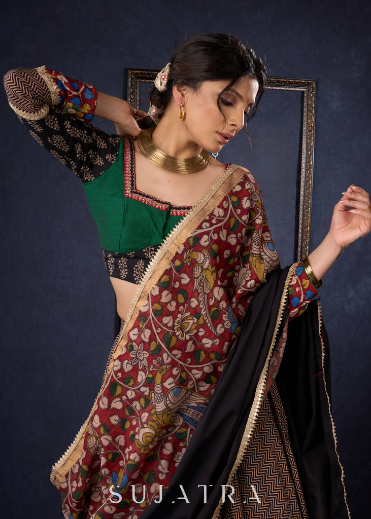 Elegant Ajrakh & Kalamkari Lehenga With Matching Blouse & Dupatta.