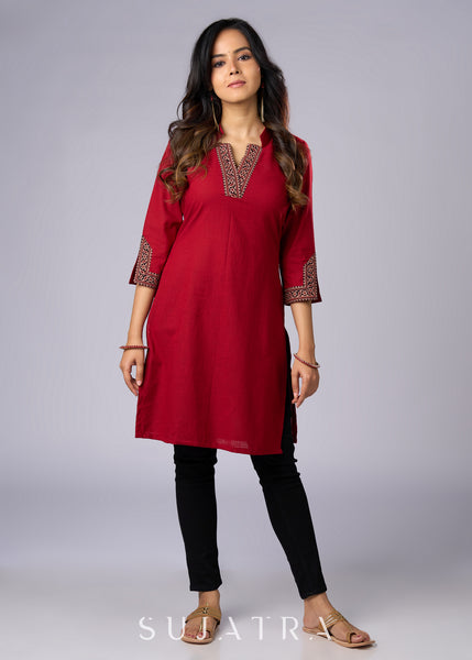 Maroon Cotton Tunic Beautifully Combined with Vibrant Ajrakh Print