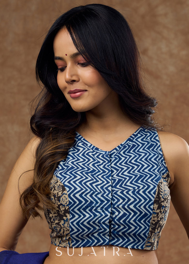 Indigo blouse with striking zigzag pattern and kalamkari detailing on sides