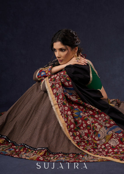 Elegant Ajrakh & Kalamkari Lehenga With Matching Blouse & Dupatta.