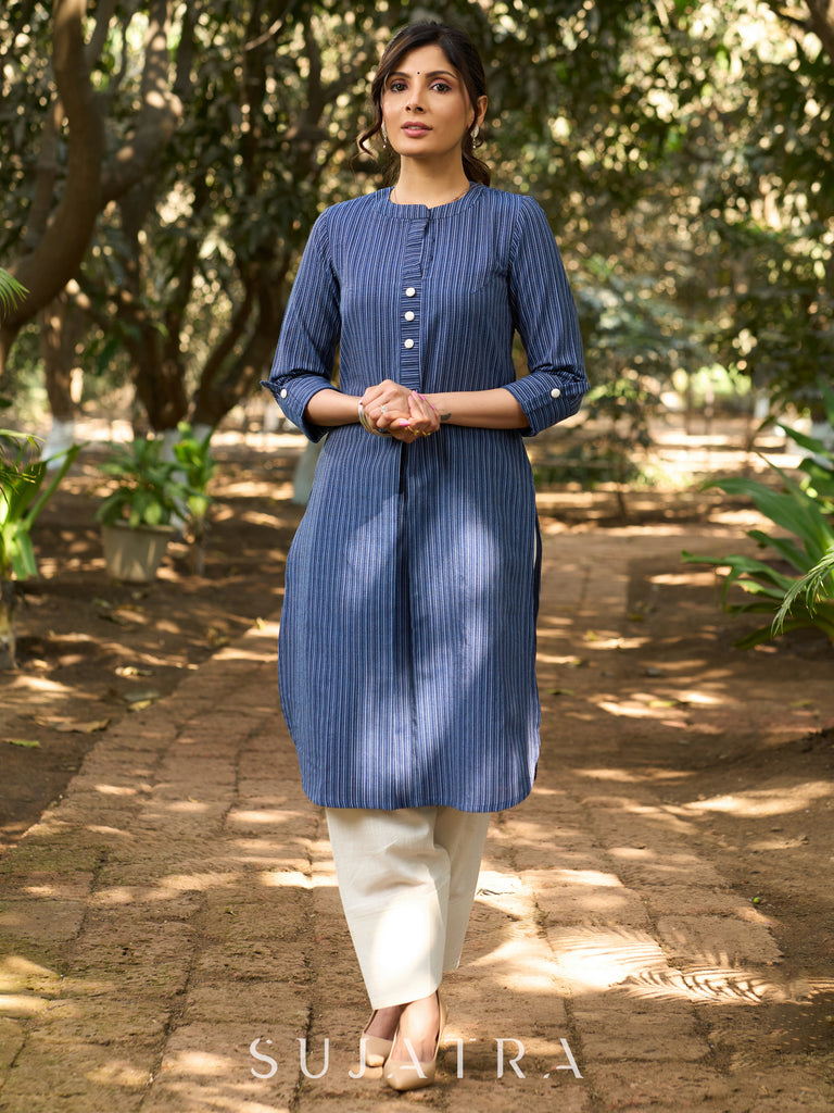 Timeless Indigo Striped Kurta in pure handloom cotton