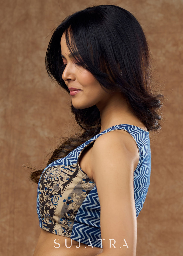 Indigo blouse with striking zigzag pattern and kalamkari detailing on sides