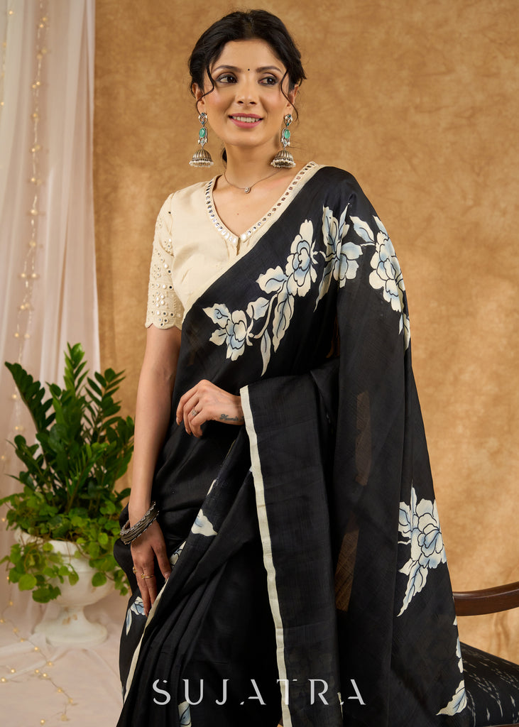 Exquisite Black Hand Painted Pure Silk Saree With Floral Motifs