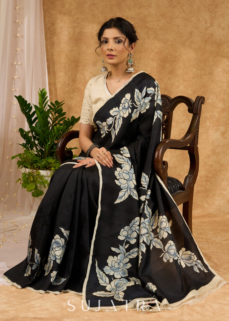 Exquisite Black Hand Painted Pure Silk Saree With Floral Motifs