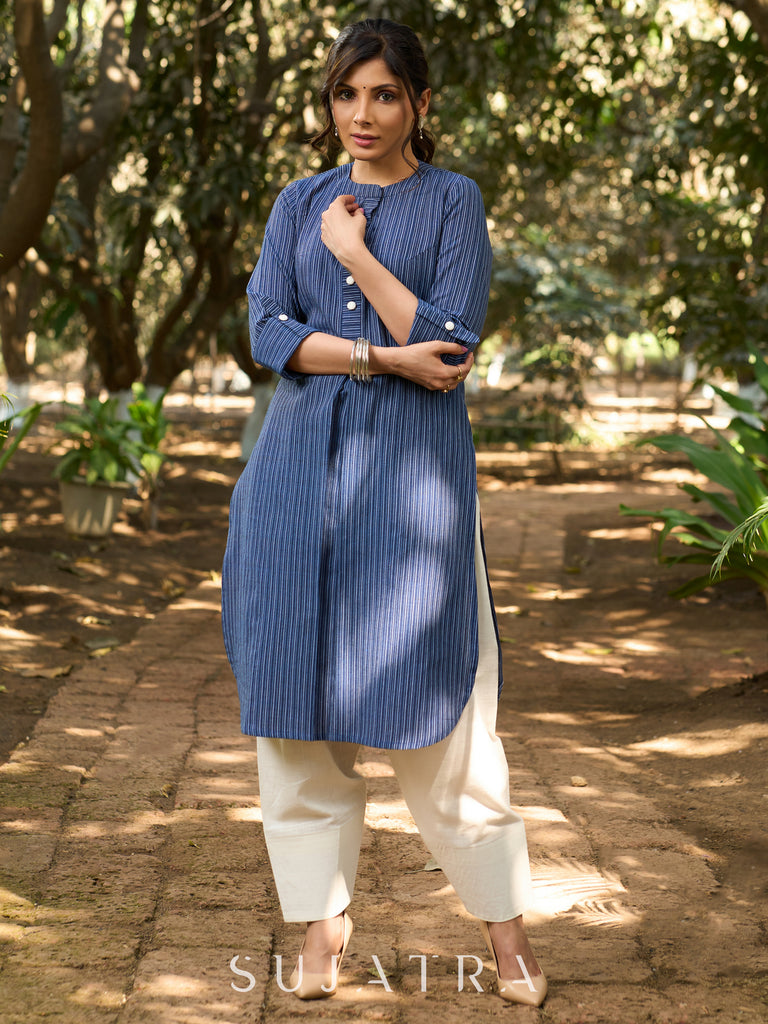 Timeless Indigo Striped Kurta in pure handloom cotton