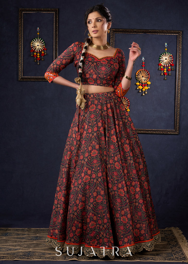 Beautiful Orange Printed Lehenga & Blouse With Mirror Work & Contrast Dupatta.