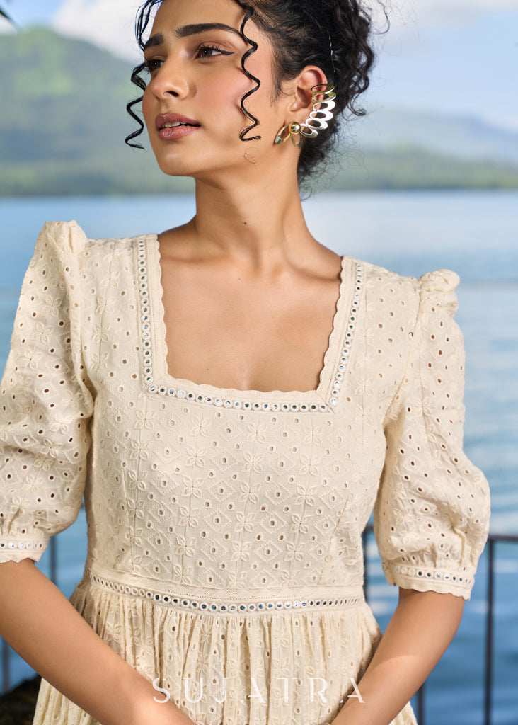 Graceful off white hakoba dress highlighted with mirror & macrame laces