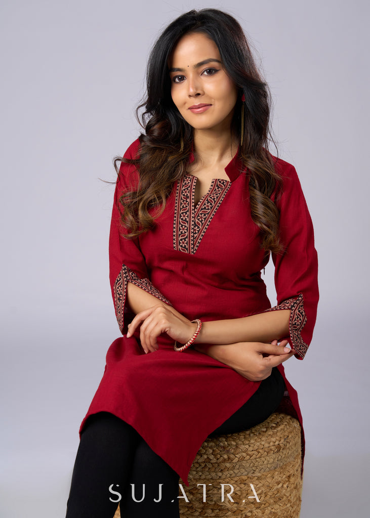 Maroon Cotton Tunic Beautifully Combined with Vibrant Ajrakh Print