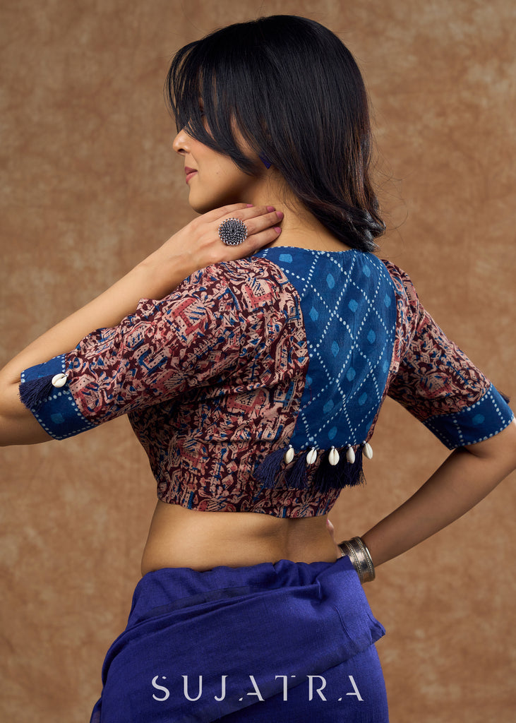 Vintage inspired kalamkari & indigo combination blouse with a modern twist