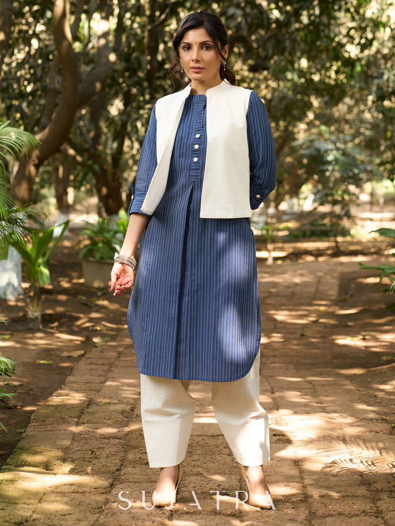 Timeless Indigo Striped Kurta in pure handloom cotton