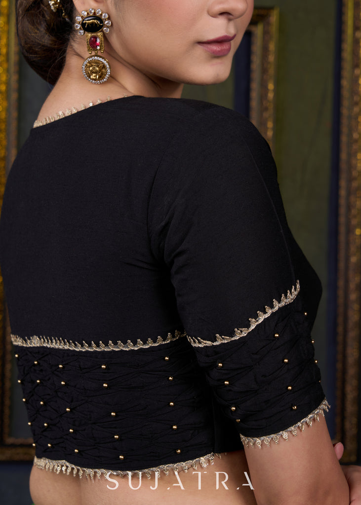 Elegant Black Cotton Silk Pin Tucks Blouse