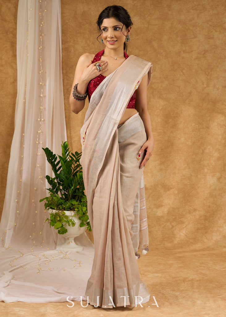 Exclusive Pure Linen Hand Embroidered Saree With Floral Motifs