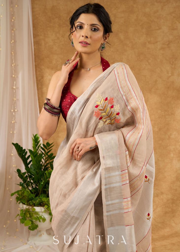 Exclusive Pure Linen Hand Embroidered Saree With Floral Motifs