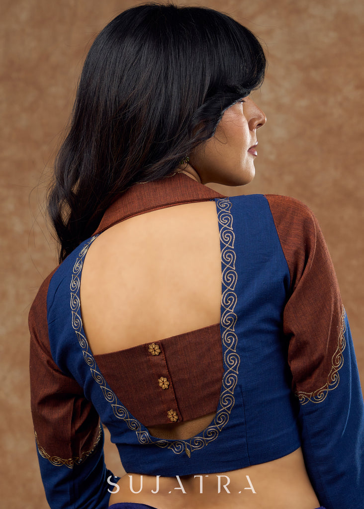 Rust & navy blue cotton blouse with subtle embroidery and a crisp collar for work & formal events