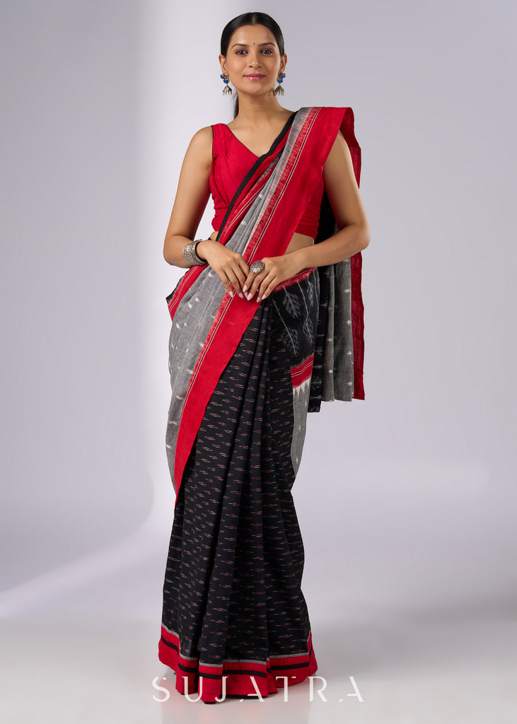 Sophisticated black & red combination Ikat saree