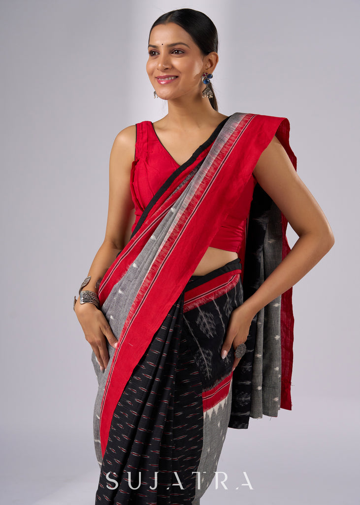 Sophisticated black & red combination Ikat saree