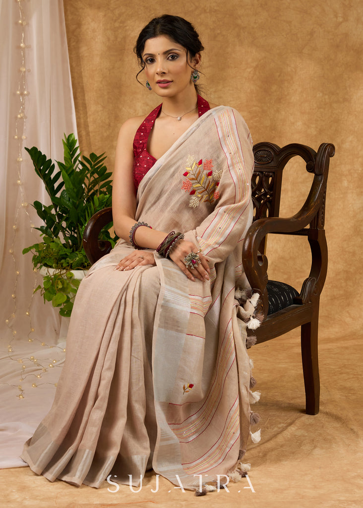 Exclusive Pure Linen Hand Embroidered Saree With Floral Motifs