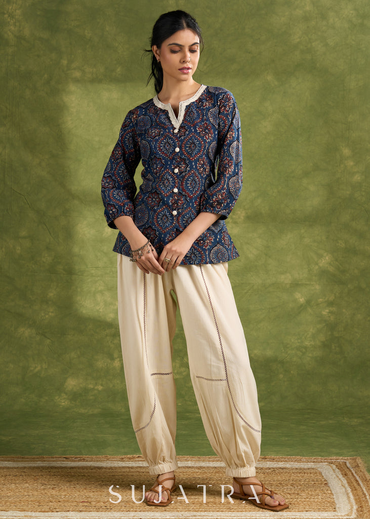 Blue Ajrakh Hand Blocked Cotton Top With Laces - Pant Optional