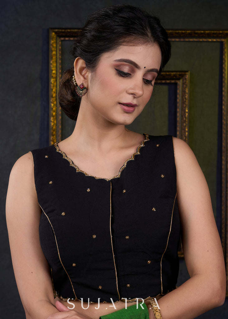 Exclusive Hand Embroidered Black Scallop Blouse