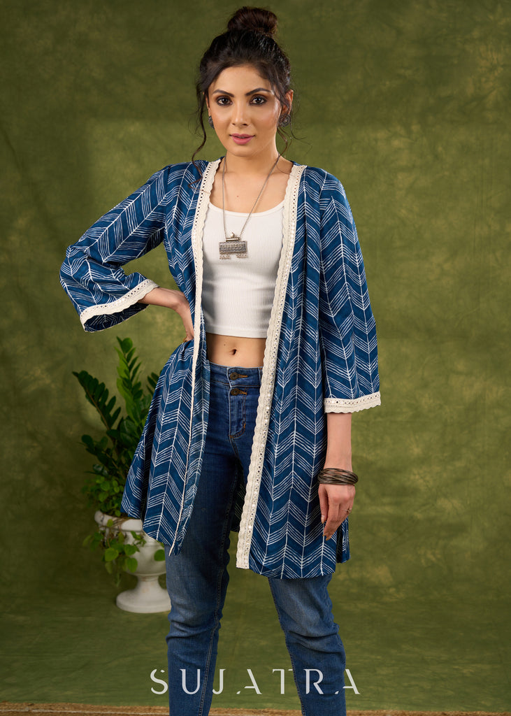 Boho Chic Indigo Blue Shrug With Vibrant Print & Whimsical Laces