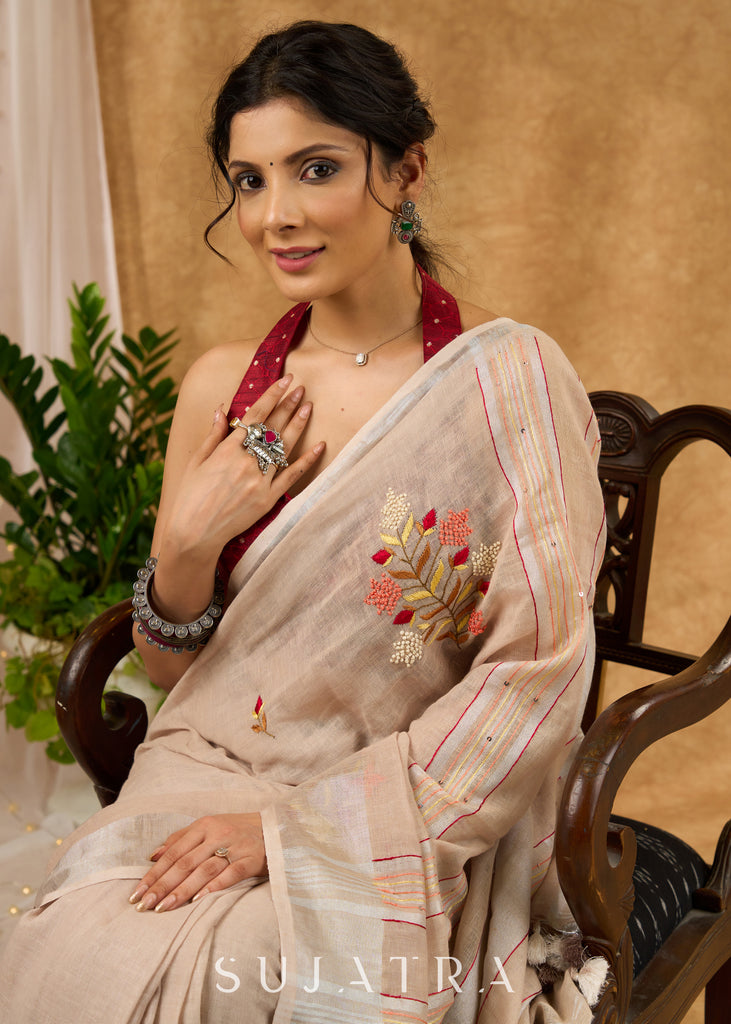 Exclusive Pure Linen Hand Embroidered Saree With Floral Motifs