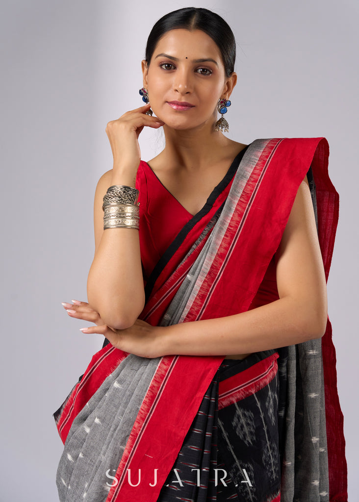 Sophisticated black & red combination Ikat saree