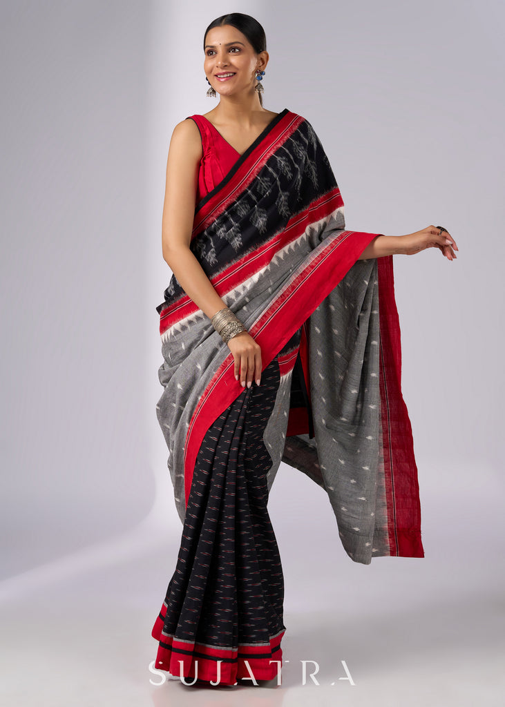 Sophisticated black & red combination Ikat saree