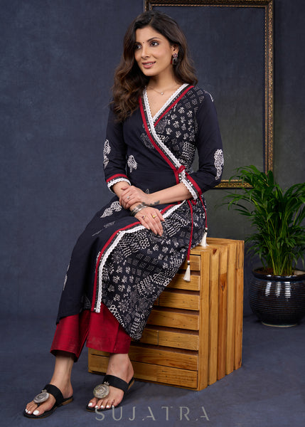 Exclusive-Black-Cotton-Natural-Print-A-Line-Kurta-Highlighted-With-Contrast-Laces--Pant-Optional