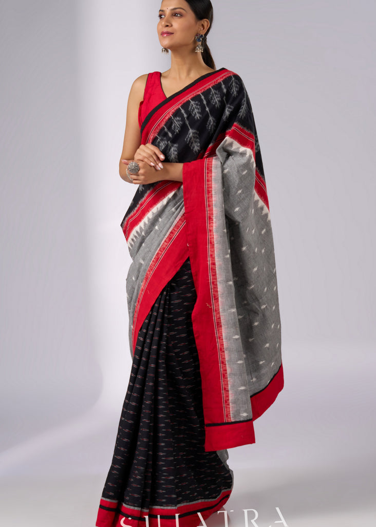 Sophisticated black & red combination Ikat saree