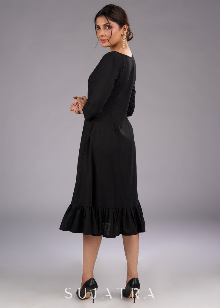 Sophisticated Black Cotton Dress with Frill Hem