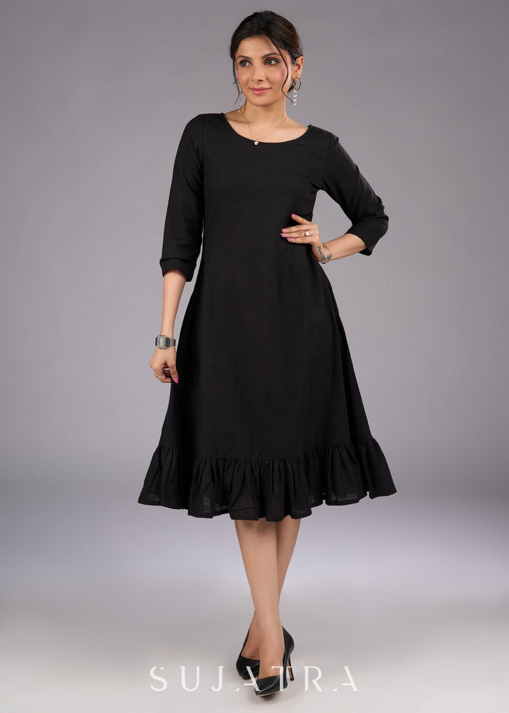 Sophisticated Black Cotton Dress with Frill Hem