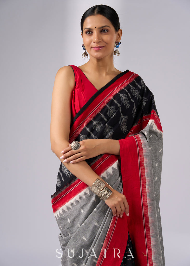 Sophisticated black & red combination Ikat saree