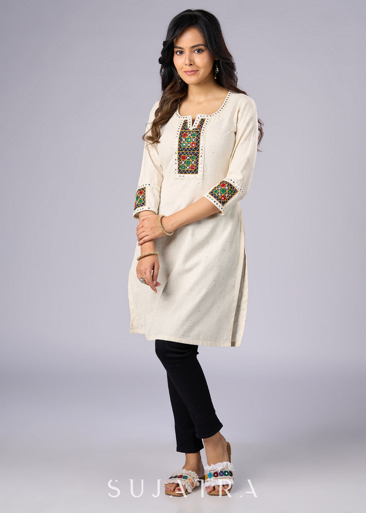 Elegant Off White Cotton Tunic with Intricate Mirror Patch Work