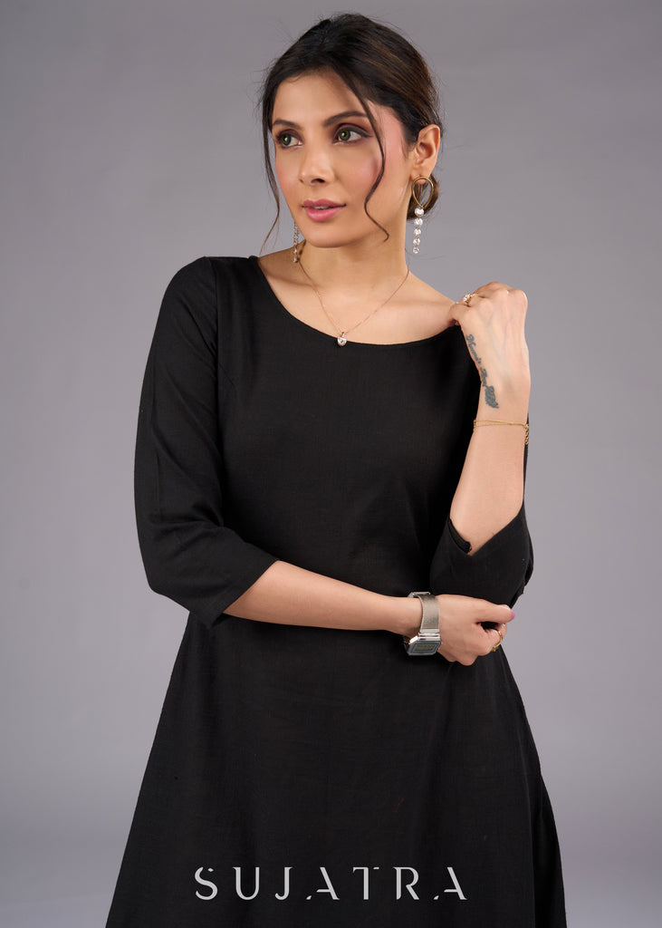 Sophisticated Black Cotton Dress with Frill Hem