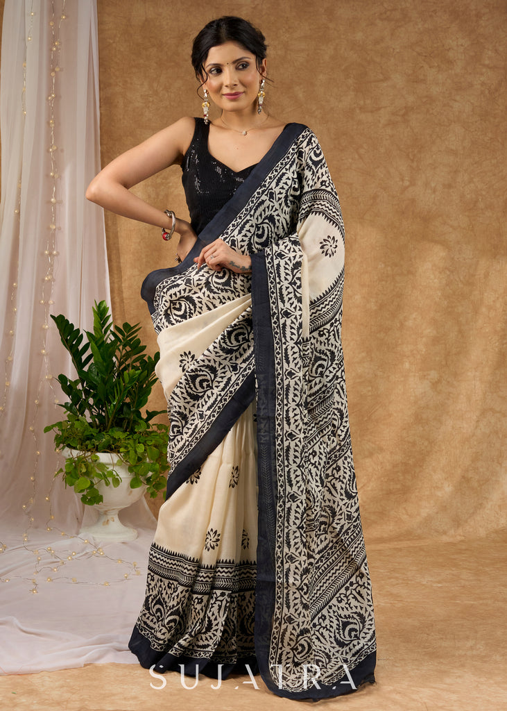 Elegant Off White Pure Silk Hand Block Printed Saree