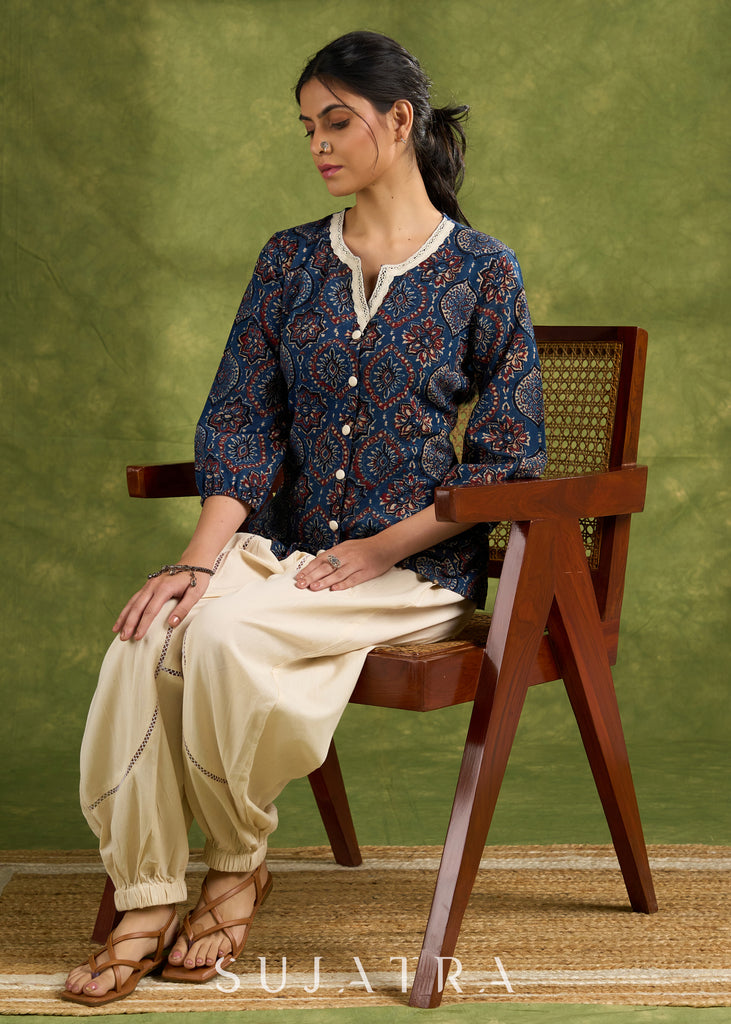 Blue Ajrakh Hand Blocked Cotton Top With Laces - Pant Optional