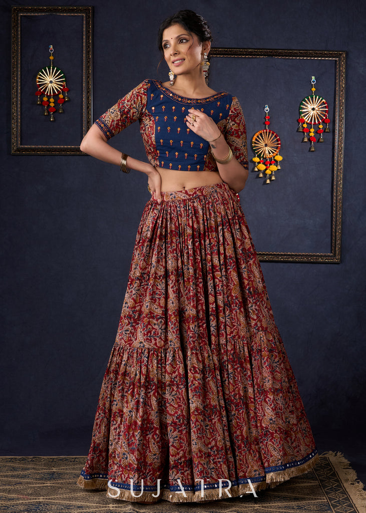 Evergreen Kalamkari Lehenga With Navy Blue Embroidered Blouse & Matching Dupatta.