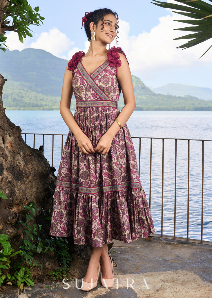 Graceful wine cotton floral printed dress with frill sleeves