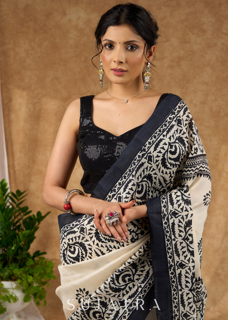 Elegant Off White Pure Silk Hand Block Printed Saree