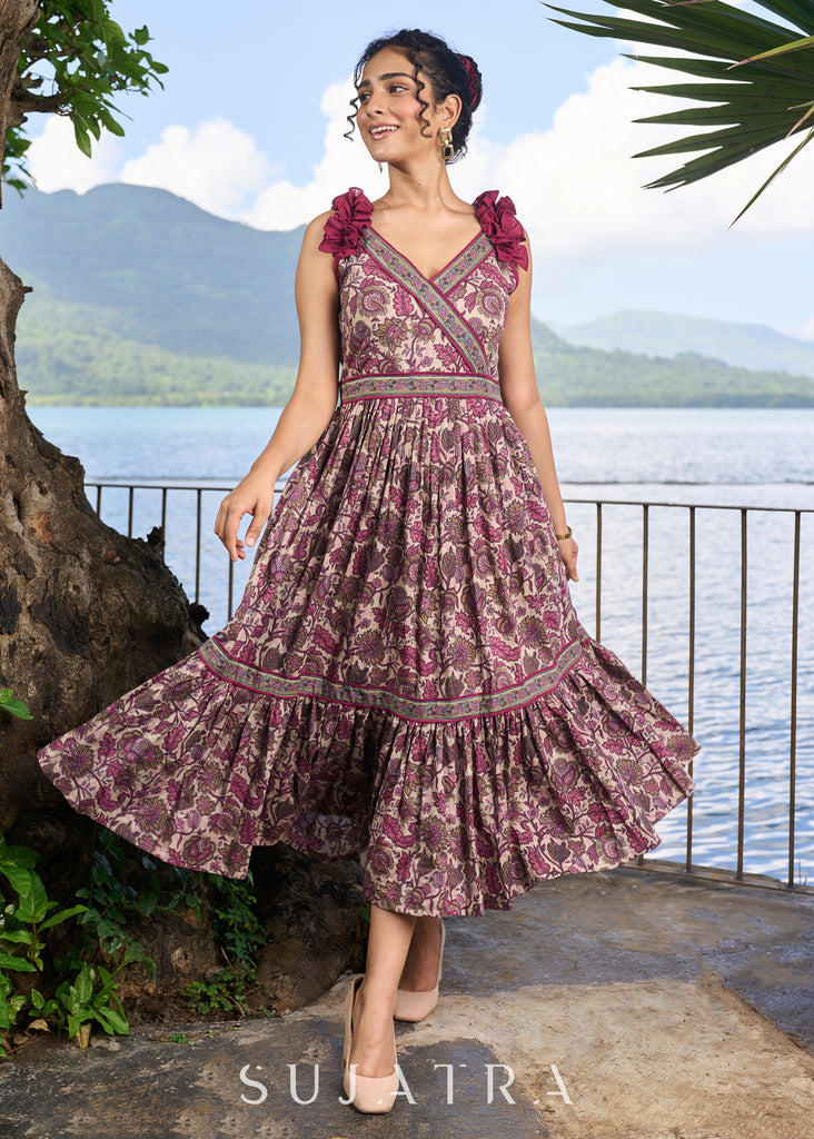 Graceful wine cotton floral printed dress with frill sleeves