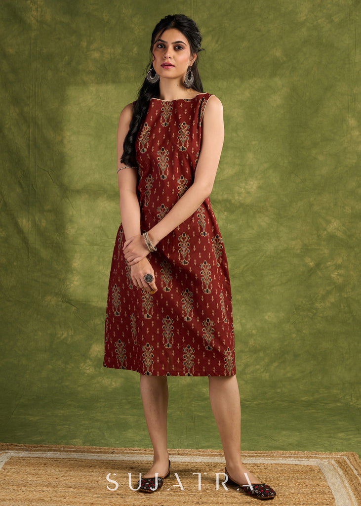 Rust Floral Ajrakh Cotton Dress. Subtle Rust Tones With Delicate Floral Block Prints