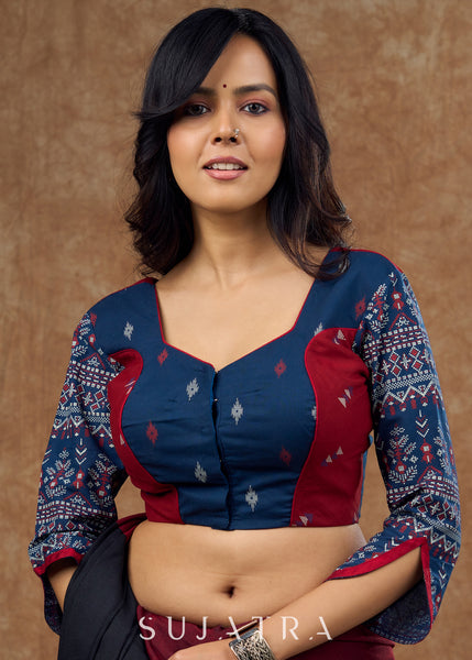 Princess cut navy blue & maroon printed blouse for timeless elegance