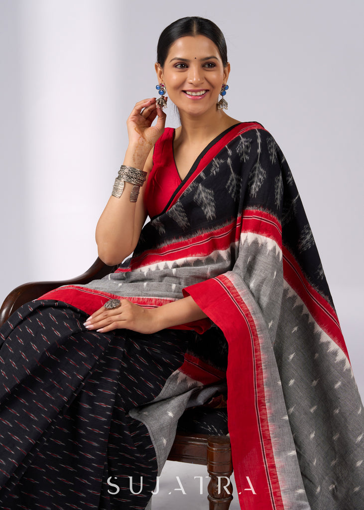 Sophisticated black & red combination Ikat saree