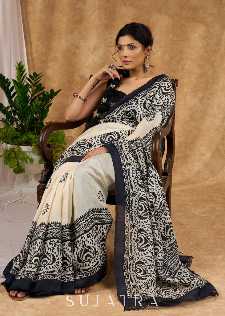 Elegant Off White Pure Silk Hand Block Printed Saree