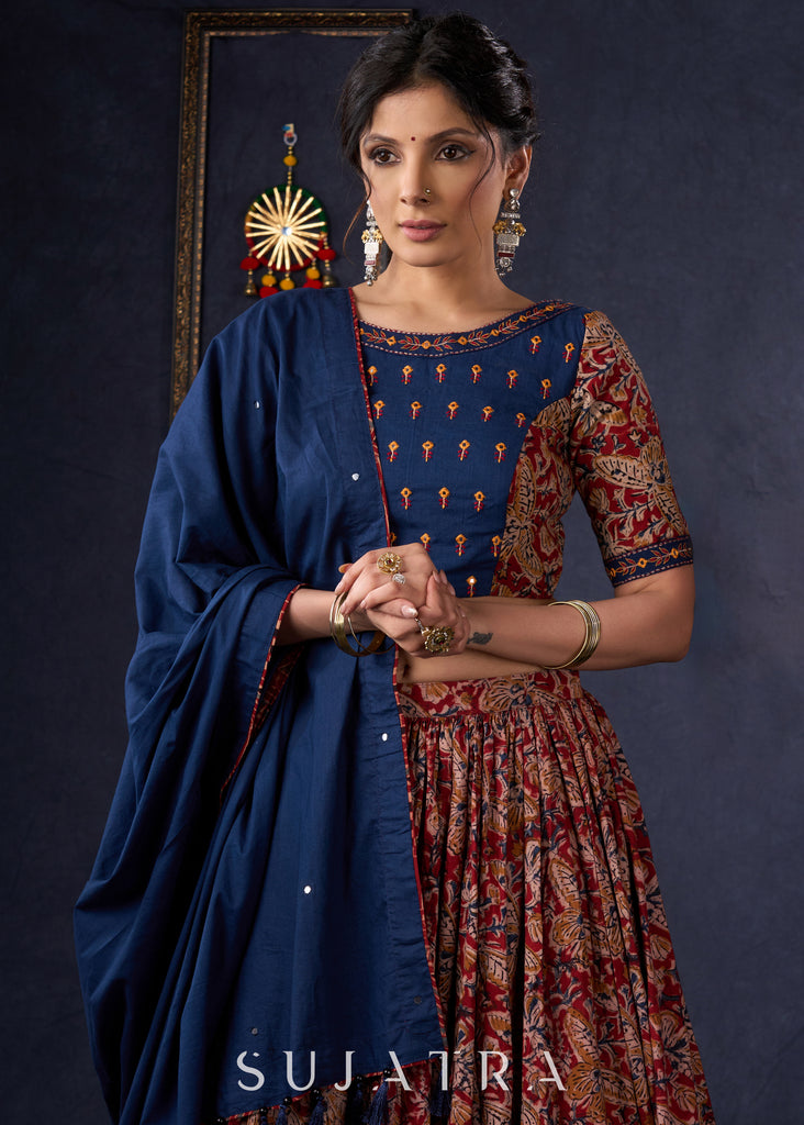 Evergreen Kalamkari Lehenga With Navy Blue Embroidered Blouse & Matching Dupatta.